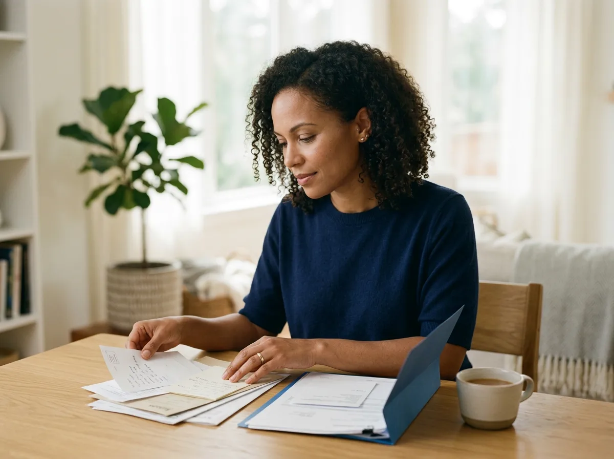 Illustrative scene of a woman calmly organizing household paperwork at her kitchen table